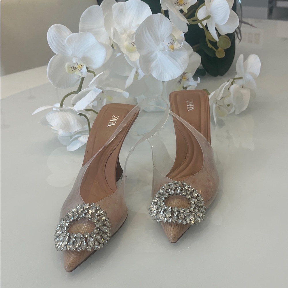 Zara Clear and Tan Heels with Crystal Accents